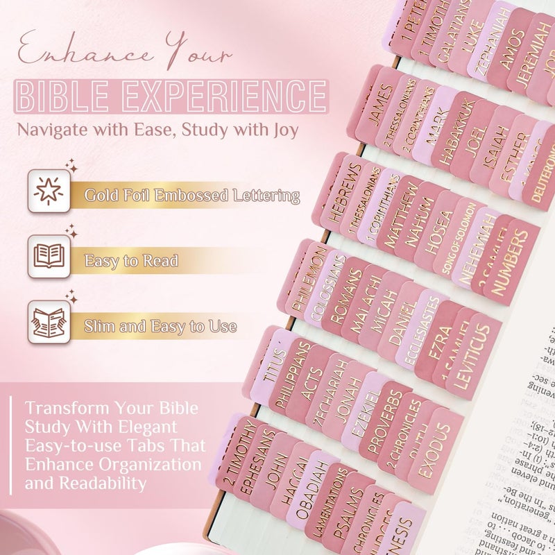 Uzriyl Laminated Bible Tabs, Bible Study Supplies, Large Print Bible Book Tabs for Women and Men, (Gold Foil Embossed Lettering) Bible Labels Index Tabs, Bible Accessories for Easy Navigation(Pastel Pink) - Image 2